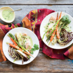 Roasted Vegetables and Trout with Green Goddess Cream