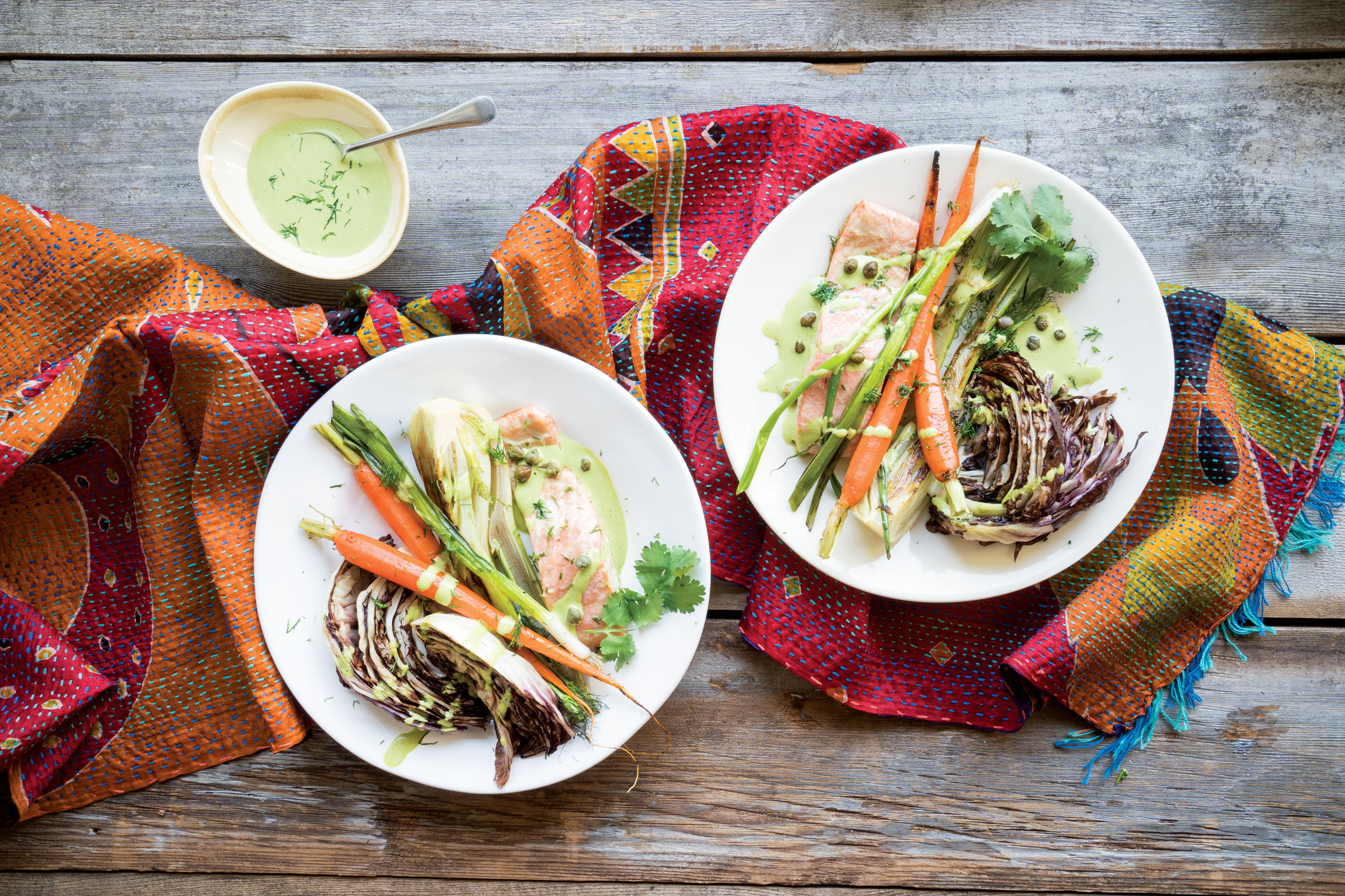 Roasted Vegetables and Trout with Green Goddess Cream