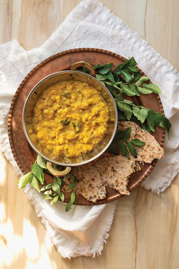 Curried dal soup with sri lankan pol roti indian
