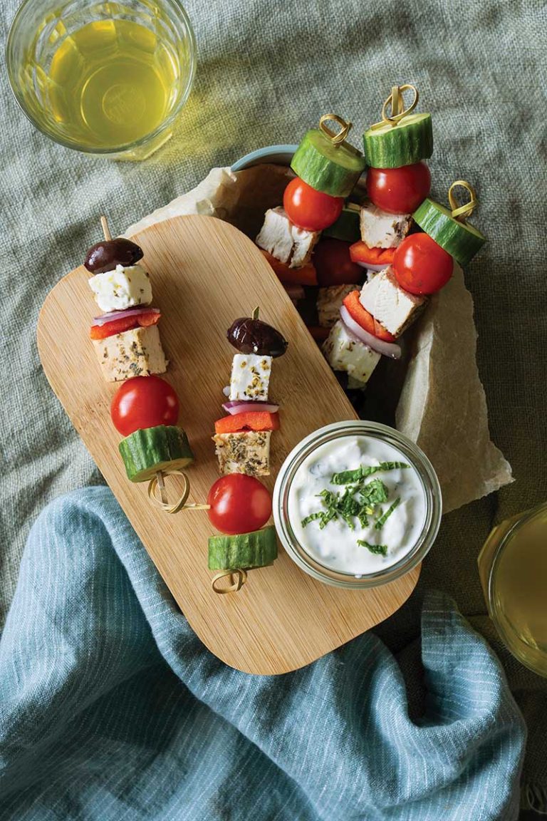 Lemon chicken and greek salad skewers