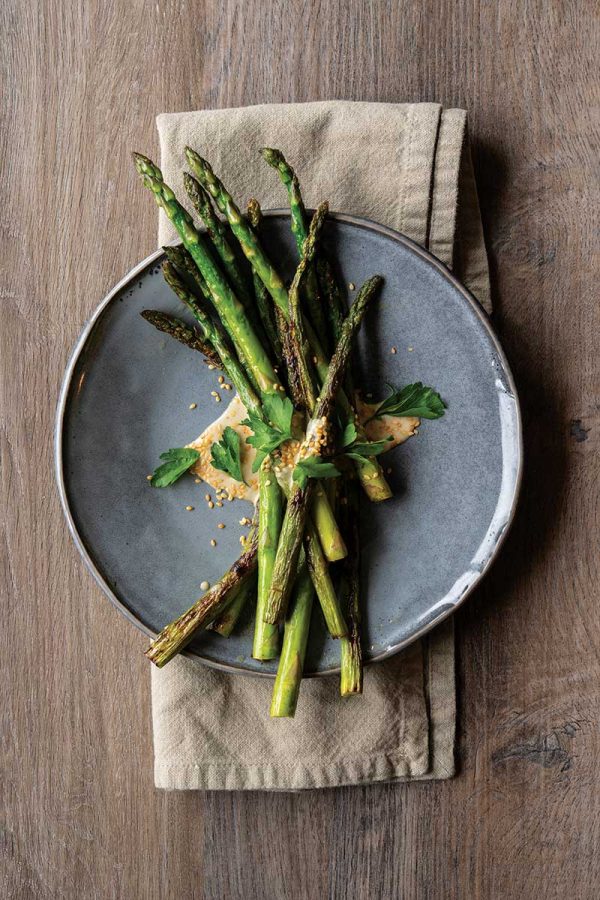 charred asparagus and tahini salad