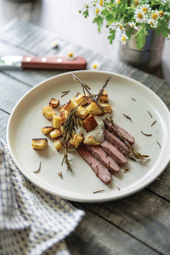 Bison steaks and caper lemon buffalo yogurt sauce