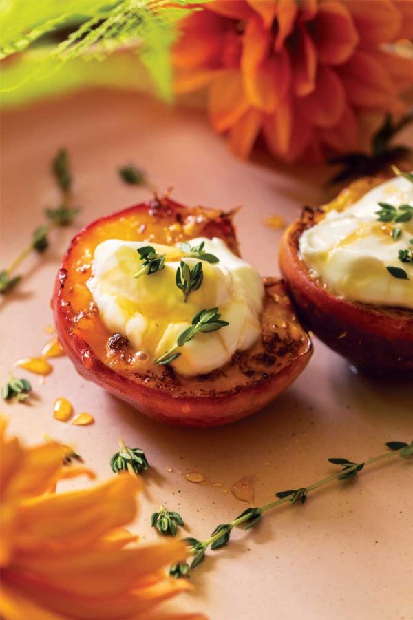 Grilled peaches with rosemary hot honey