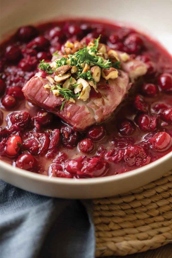 Cranberry poached halibut