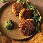 Crispy sweet potato patties with spicy cilantro chutney