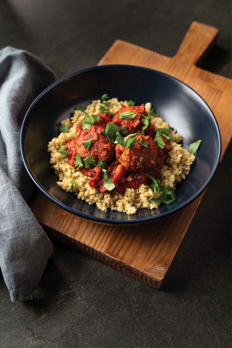 Tomato Braised Turkey Meatballs with Lemon-Scented Quinoa