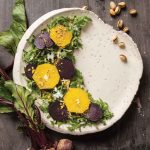 Arugula, Beet, Orange, and Pistachio Salad with Kefir, Honey, and Orange Dressing