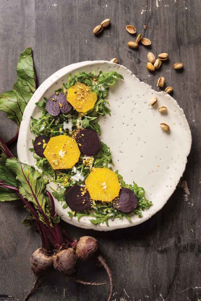 Arugula, Beet, Orange, and Pistachio Salad with Kefir, Honey, and Orange Dressing