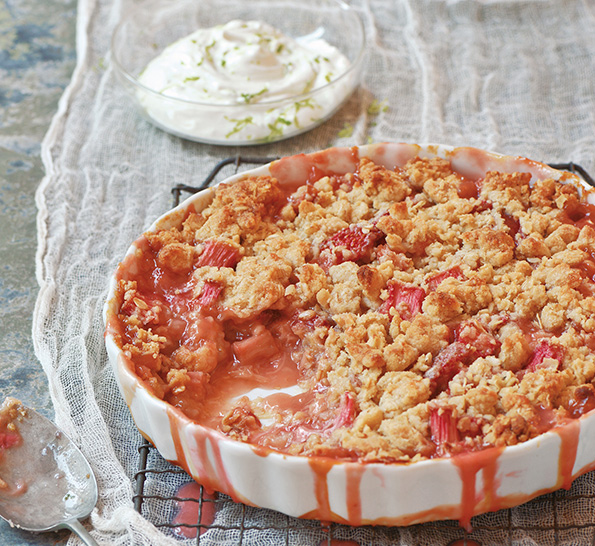 Rhubarb & Strawberry Crumble with Lime Yogurt & Pistachios