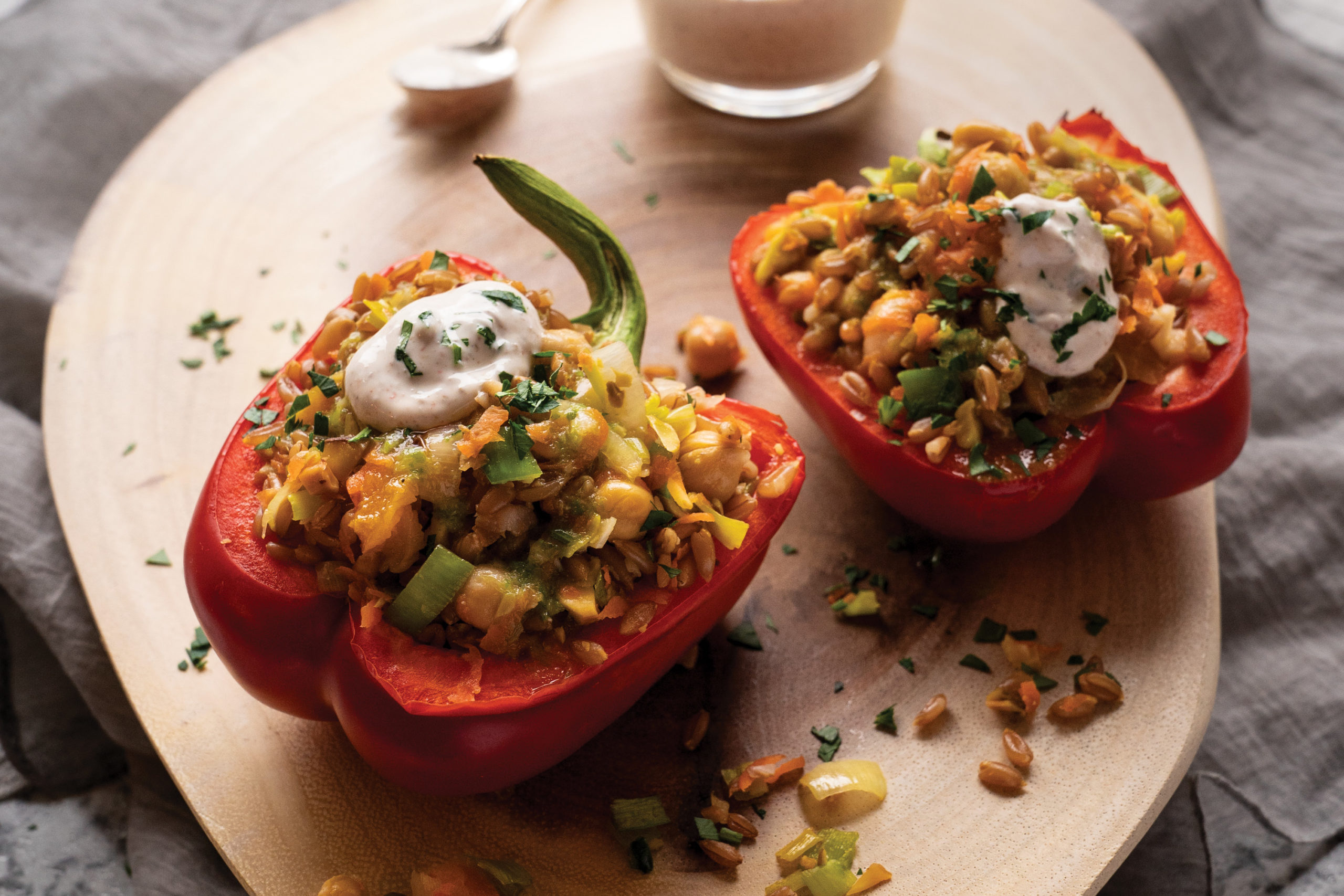 Freekeh and Leek Stuffed Peppers with Onion Oil - Delicious Living